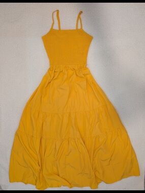 Yellow Smocked Midi Sundress Size Small Sleeveless Spaghetti Strap Summer Dress